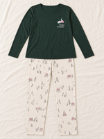 Женская пижама-комплект RUBINA Secret Homewear: верх и брюки, зелёная с зимним принтом