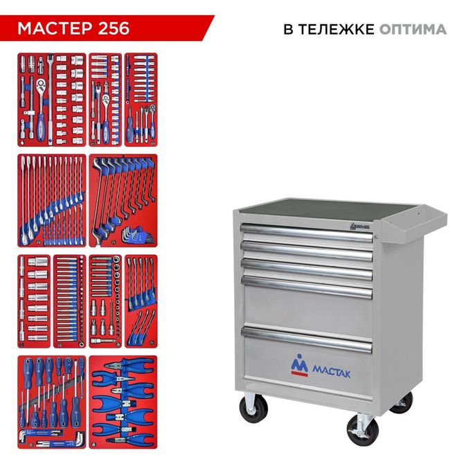 МАСТАК (52-05256G) Набор инструментов 256 предметов, "МАСТЕР 256", в серой тележке