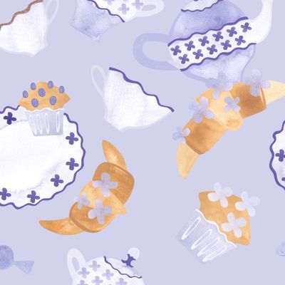 Английское чаепитие в пастельных тонах: чашки, блюдца, чайники и круассаны