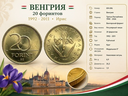 Венгрия 20 форинтов, 1994 Ирис XF