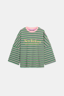 ZARA ФУТБОЛКА OVERSIZE В ПОЛОСКУ С НАДПИСЬЮ, ЗЕЛЕНЫЙ