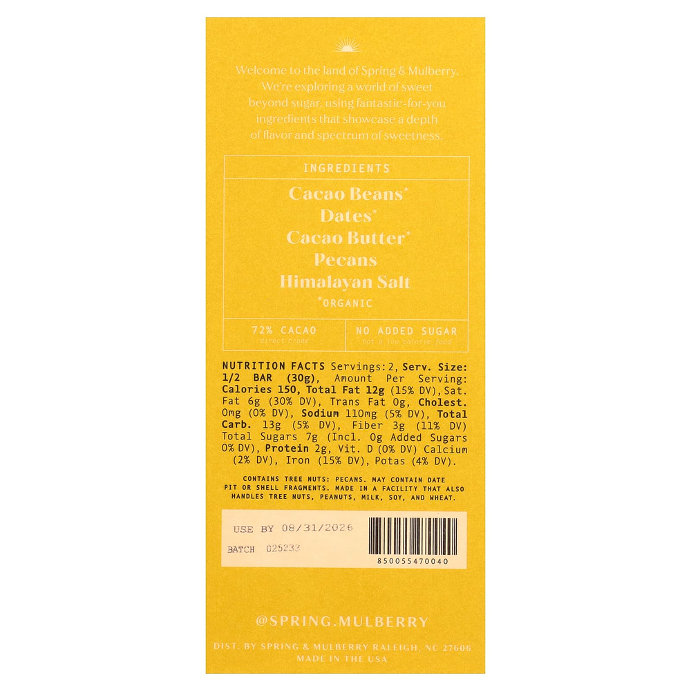 Spring & Mulberry, шоколад, подслащенный фиником, с пеканом и фиником, 60 г (2,1 унции)