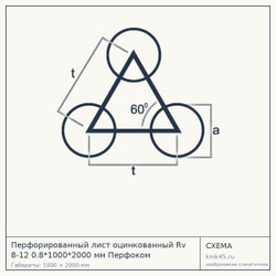 Схема с габаритами: Перфорированный лист оцинкованный Rv 8-12 0.8*1000*2000 мм Перфоком