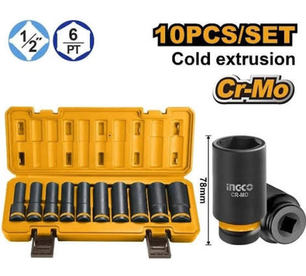 Набор торцевых ударных удлинённых головок INGCO HKISSD12102L INDUSTRIAL 1/2" 10-24 мм 10 шт.