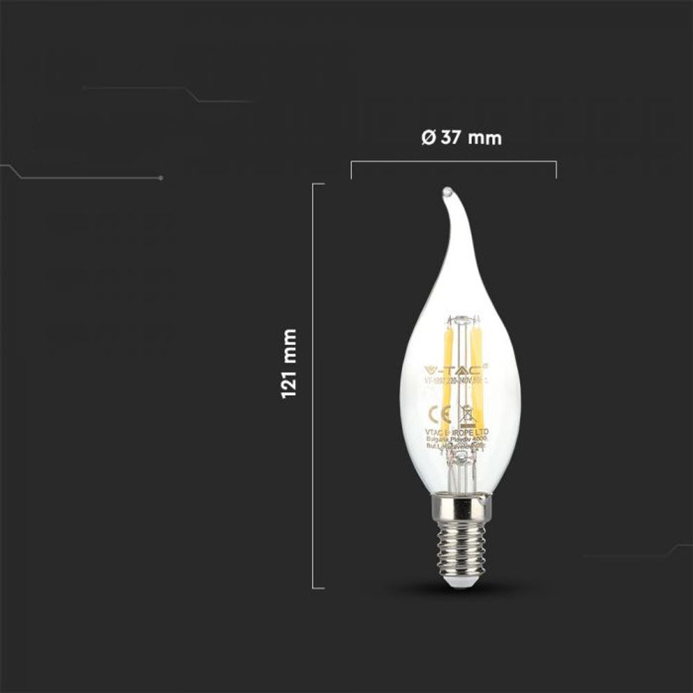 Лампа светодиодная, филамент V-TAC, E14, 4 Вт, 4000К, SKU 4478