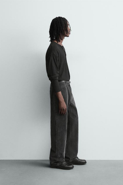 ZARA БРЮКИ RELAXED FIT С ФЛОКИРОВАНИЕМ, СЕРЫЙ