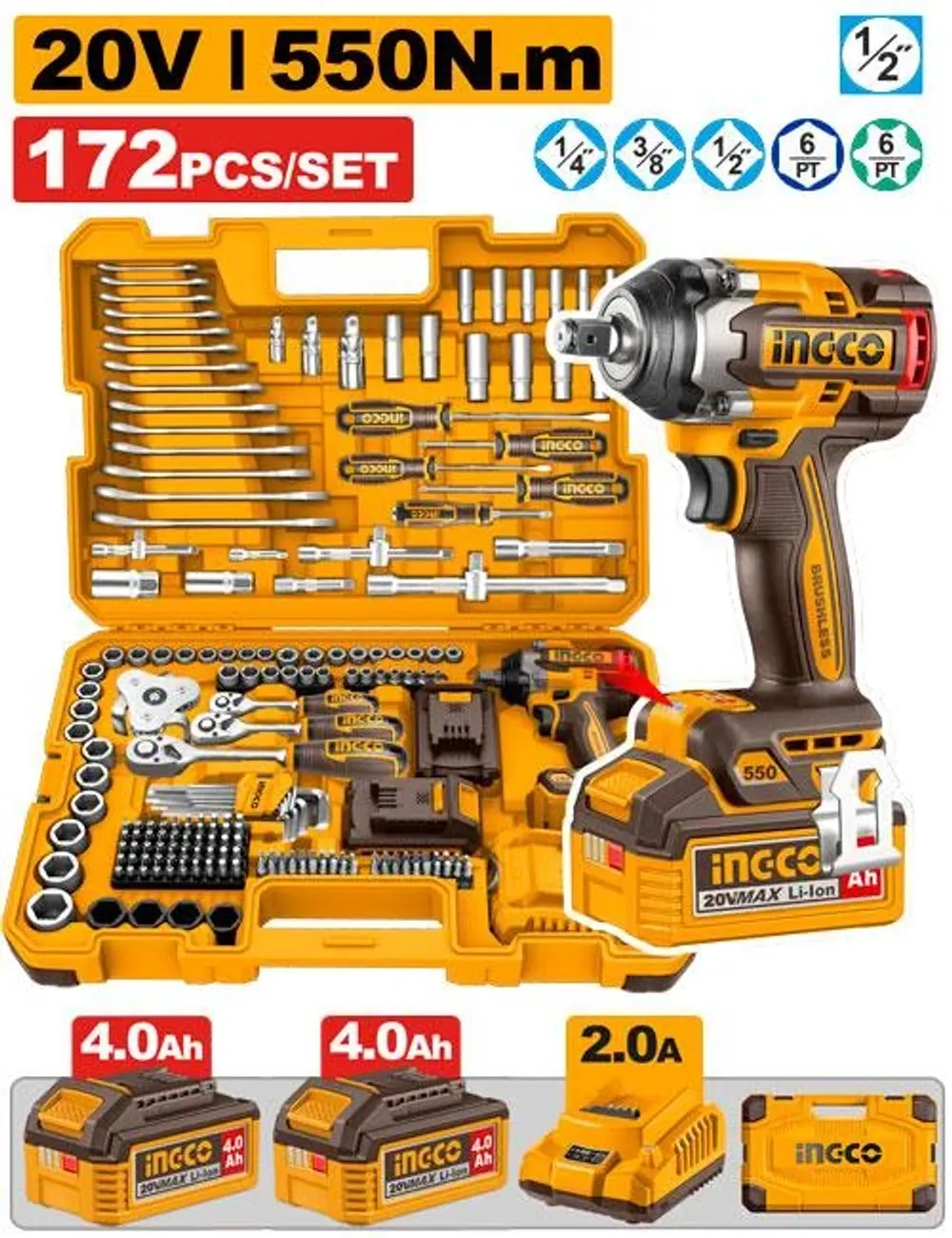 Набор гайковерт и ручного инструмента 172 шт INGCO HKTHP41723 INDUSTRIAL