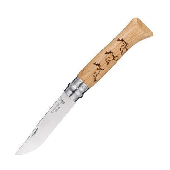 Складной нож Opinel №8 Animalia, нержавеющая сталь, рукоять дуб, гравировка олени c клинком из стали Sandvik™ 12С27