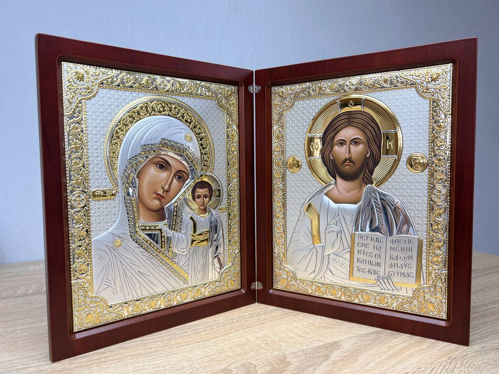 Складень, Казанская БМ, Спаситель, икона прямоугольная, красное дерево 260x420