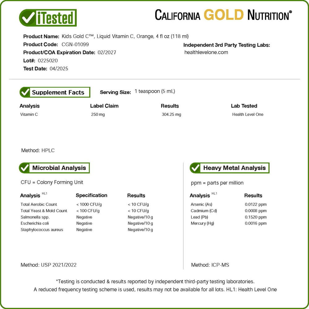 California Gold Nutrition, Kids Gold C™, жидкий витамин С для детей, со вкусом апельсина, 118 мл