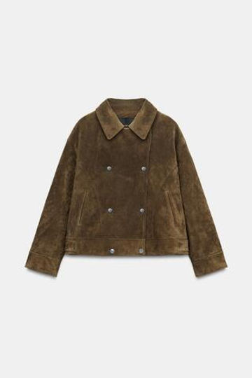 ZARA СТЕГАНАЯ КУРТКА ИЗ 100% КОЖИ С МЕХОВЫМ ВОРОТНИКОМ, ТЕМНО-КОРИЧНЕВЫЙ