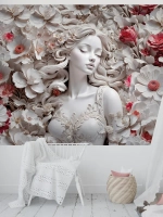 3D Фотообои в стиле барельеф "Девушка и красно-бордовые цветы" из мрамора