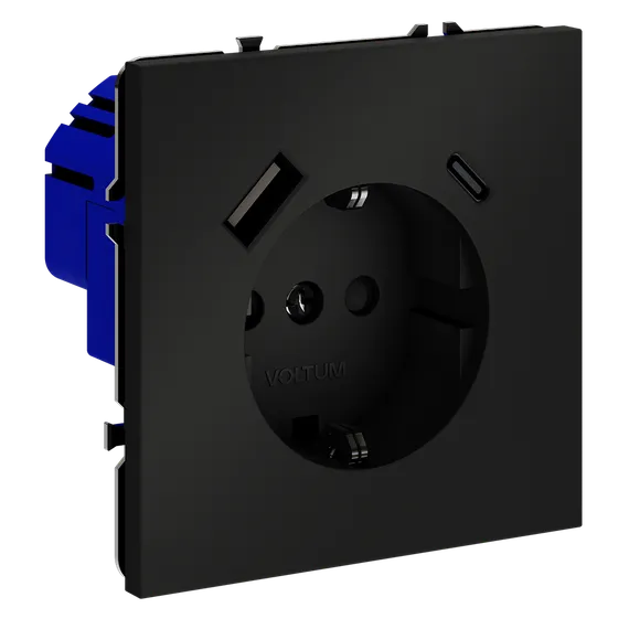 Розетка с заземлением и защитными шторками, с USB, A+С, (черный матовый Voltum S70 Черный VLS040508