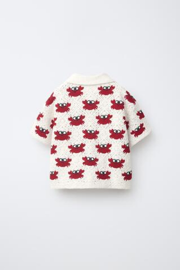 ZARA РУБАШКА С КРАБАМИ ИЗ КРУЖЕВА КРОШЕ, БЕЛЫЙ/КРАСНЫЙ