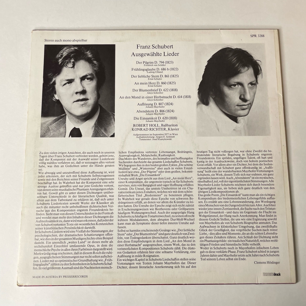 Винтажная виниловая пластинка LP Franz Schubert Шуберт, Robert Holl, Konrad Richter, Ausgewahlte Lieder (Австрия 1982)