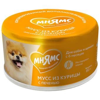 Влажный дополнительный корм для собак и щенков старше 6 месяцев Мнямс на каждый день Мусс из курицы с печенью 80 г 24 шт