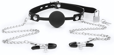 Черный кляп-шарик с зажимами на соски на металлической цепочке (Цвет: черный)