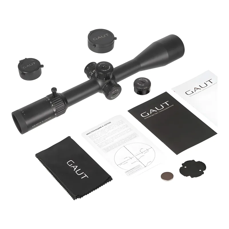 Прицел Gaut Azurite 6-24x50, сетка 35, FFP, 0.1 МIL - комплект поставки с крышками, инструкцией и салфеткой