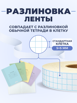 Клейкая лента для письма — тетрадная клетка 5×5 мм, 3 клетки по ширине (19 мм), 100 м