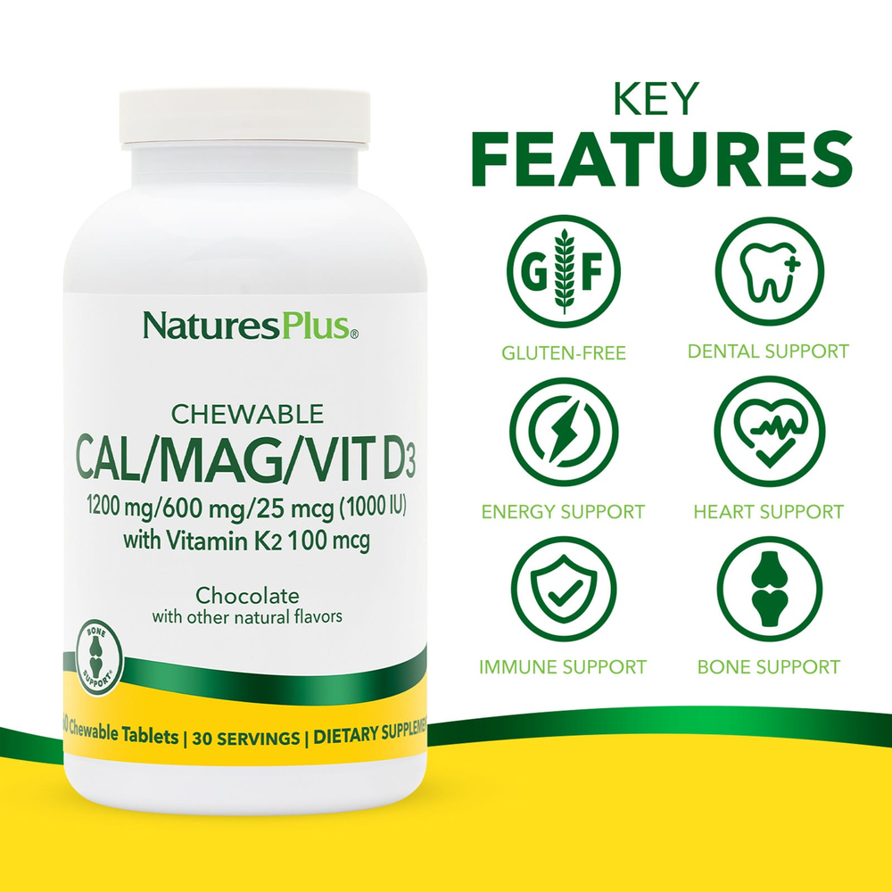 NaturesPlus, Жевательные таблетки Cal / Mag / Vit D3, шоколад, 60 жевательных таблеток