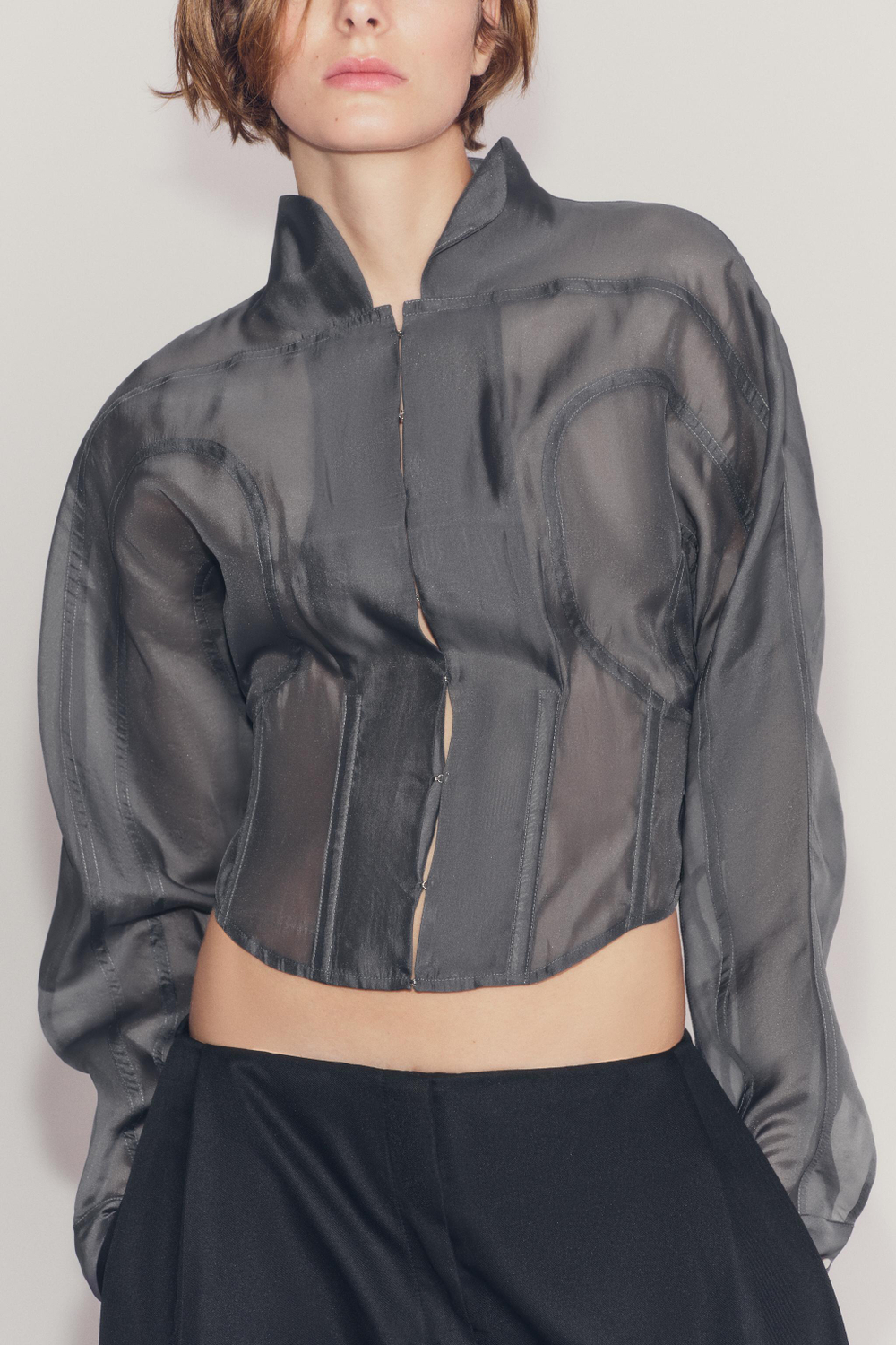 ZARA РУБАШКА-КОРСЕТ ZW COLLECTION, ТЕМНО-СЕРЫЙ