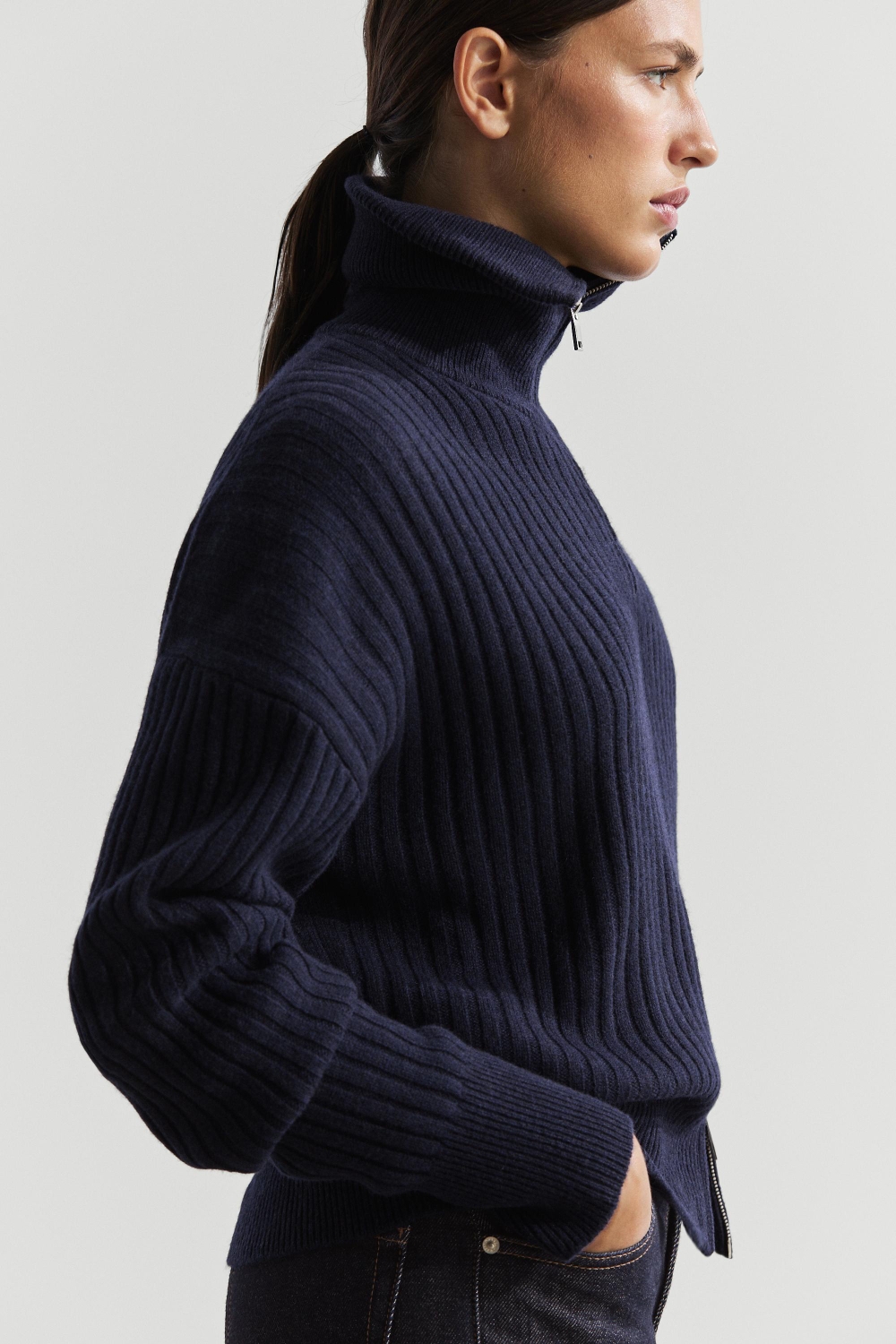 Massimo Dutti Кардиган из 100% шерсти с застежкой-молнией, чернильно-синий