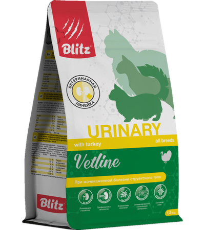 Blitz Vetline Urinary для кошек, при мочекаменной болезни струвитного типа, с индейкой, 400гр.