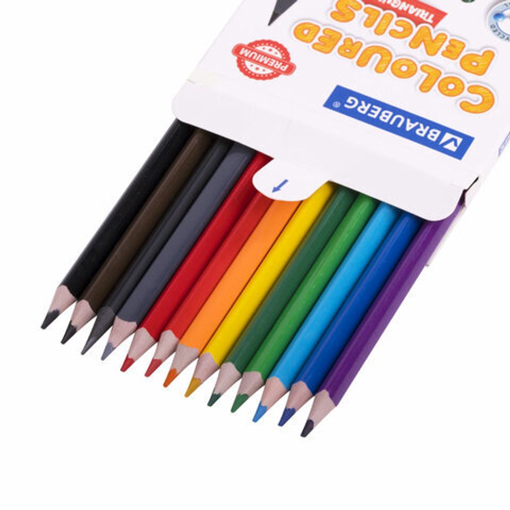 Карандаши цветные BRAUBERG PREMIUM 12 цветов + 1 чернографитный карандаш, трехгранные, грифель 3 мм, 181936