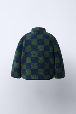 ZARA КУРТКА ИЗ ИСКУССТВЕННОЙ ОВЧИНЫ В ШАХМАТНУЮ КЛЕТКУ, СИНИЙ
