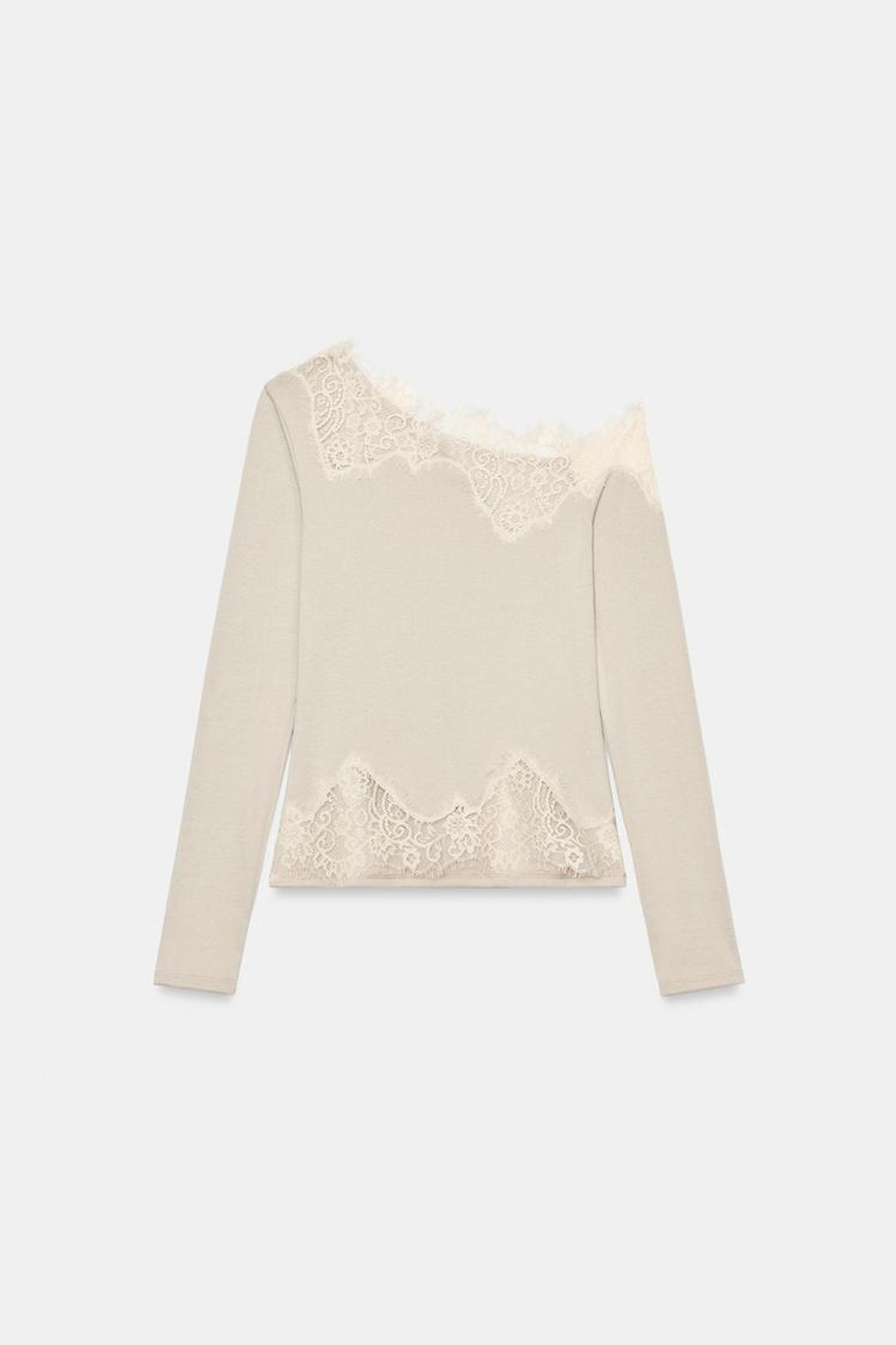 ZARA АСИММЕТРИЧНЫЙ ТОП С КРУЖЕВОМ, БЕЖЕВЫЙ
