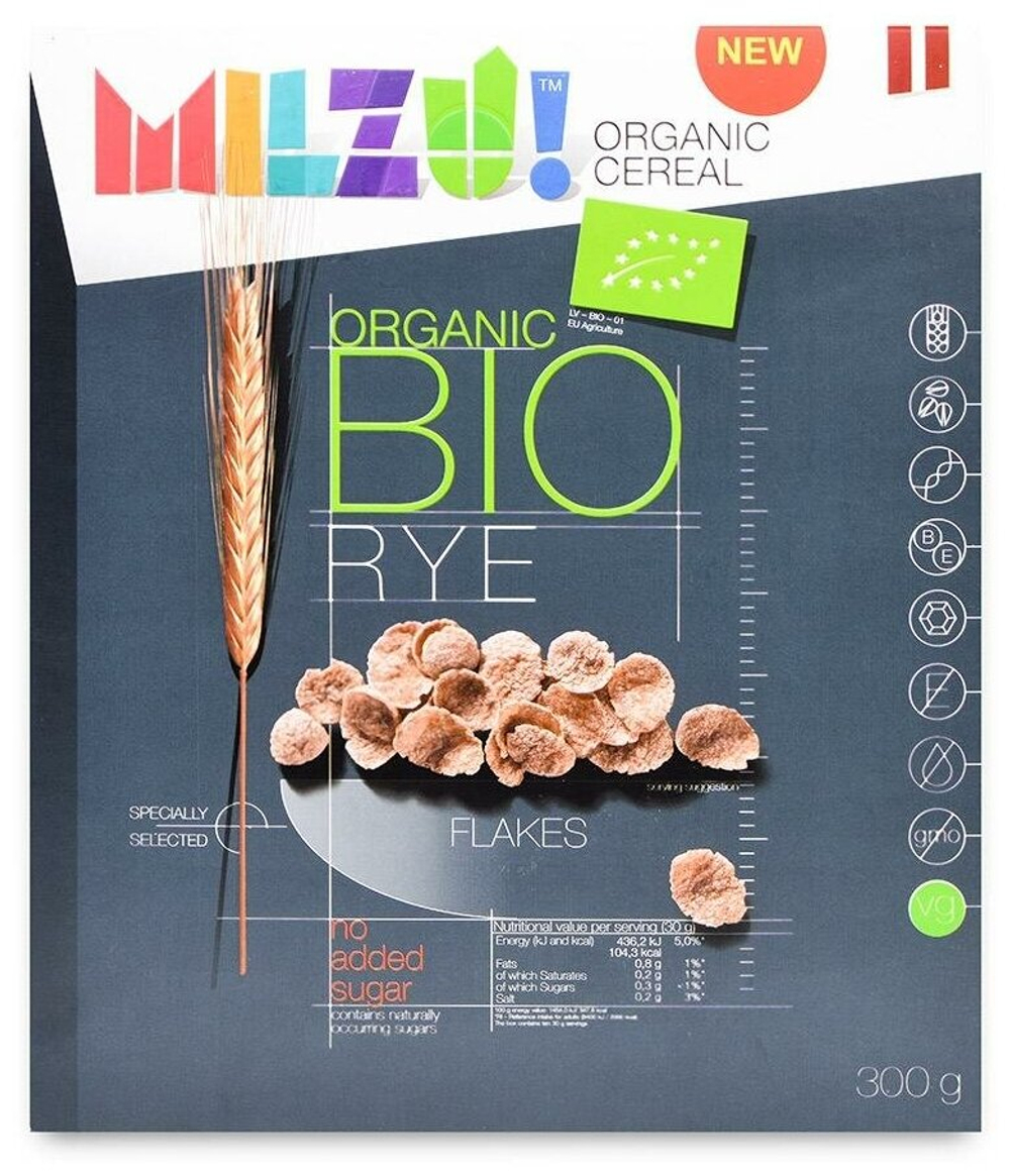 MILZU/Сухой завтрак БИО Ржаные хлопья без сахара 300г