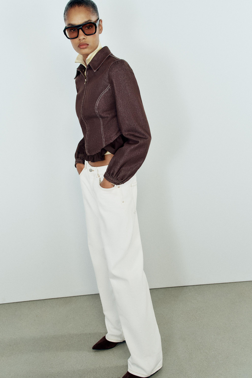 ZARA ДЖИНСОВАЯ РУБАШКА Z1975 С КОМБИНИРОВАННЫМ НИЗОМ, КОРИЧНЕВЫЙ