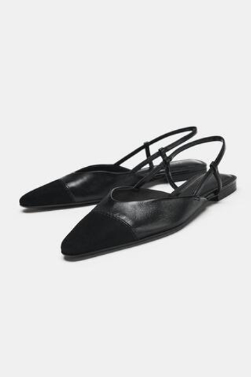 ZARA КОЖАНЫЕ ТУФЛИ С ОТКРЫТОЙ ПЯТКОЙ, ЧЕРНЫЙ