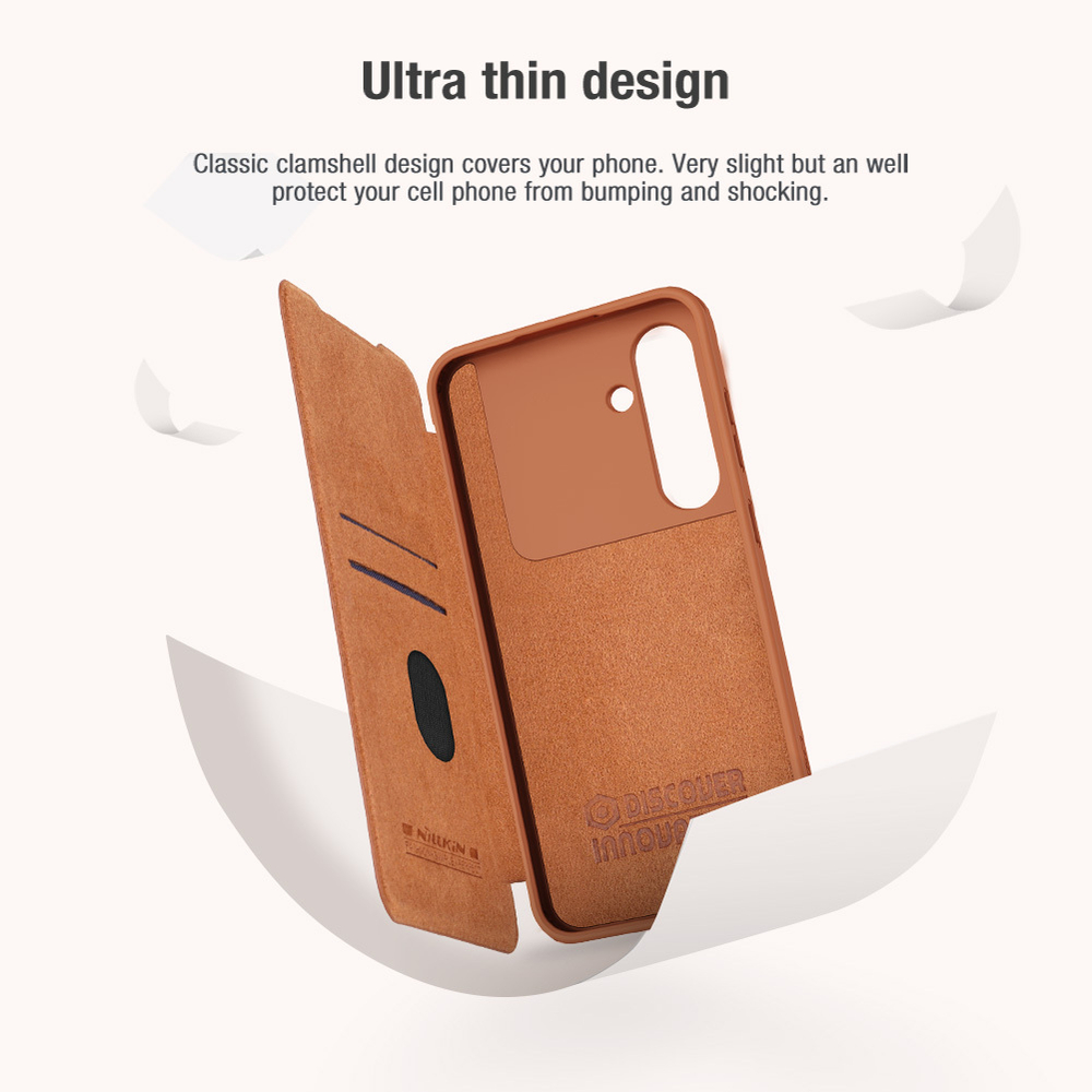 Кожаный чехол книжка коричневого цвета от Nillkin для Samsung Galaxy S24 FE, серия Qin Pro Leather с защитной шторкой для камеры