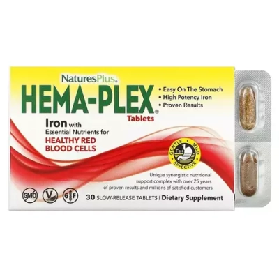 NaturesPlus, Hema-Plex 30 Tablets | Temir, sekin ajralib chiquvchi, 30 tabletka