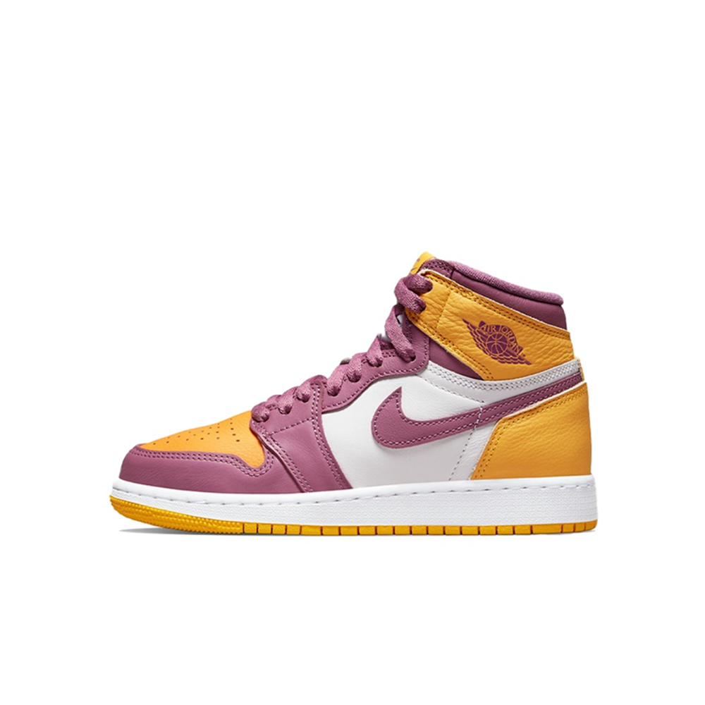 alt="Air Jordan 1 Retro High OG GS Brotherhood 575441-706 детские кроссовки золотисто-бордового цвета вид сбоку на белом фоне"