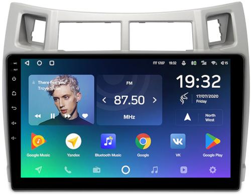 Магнитола для Toyota Vitz 2, Yaris 2 2005-2011 (рамка серебро) - Teyes CC2 PLUS монитор 9" QLED, Android 10, Быстрая, SIM-слот