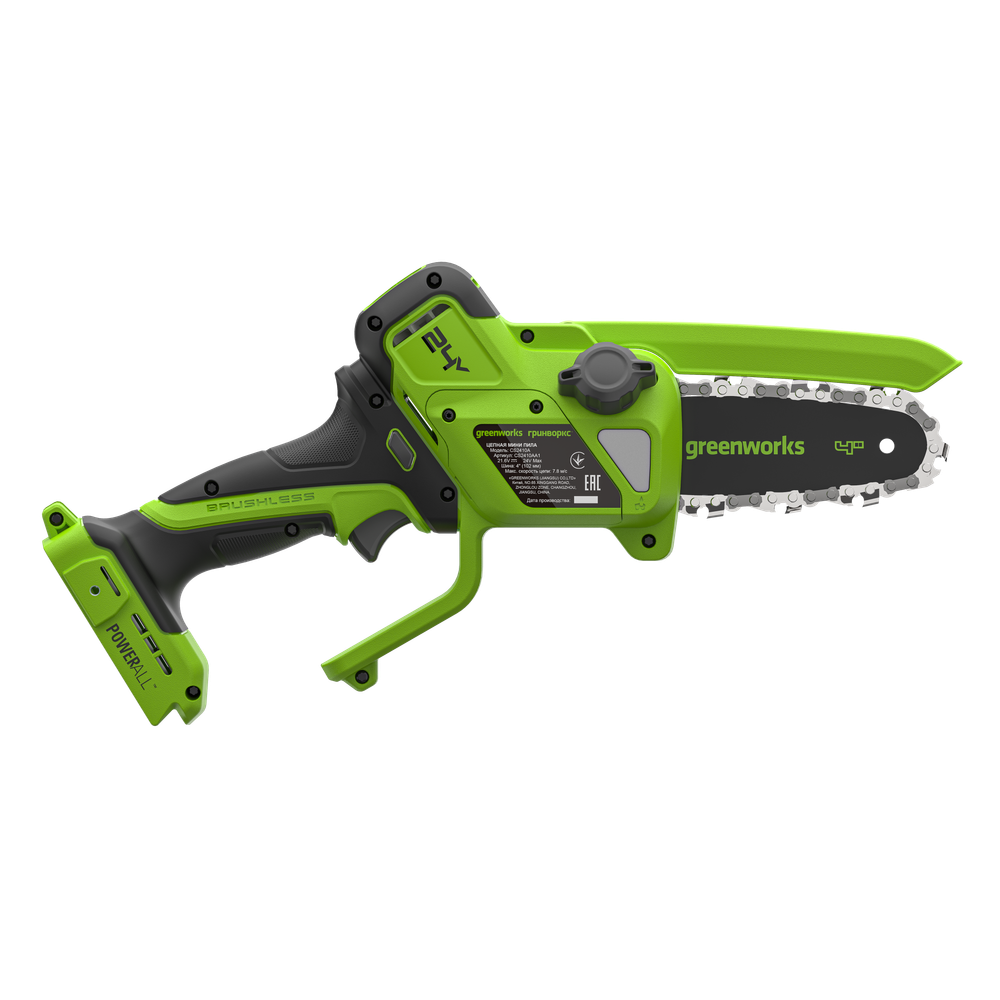 Цепная мини пила аккумуляторная Greenworks CS2410A, 24V, 10см, бесщёточная, с автоматической смазкой цепи, c 1хАКБ 2Ач и ЗУ (CS2410AUA)