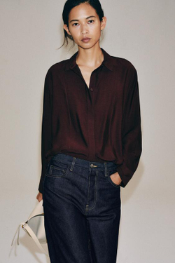 ZARA ОДНОТОННАЯ РУБАШКА С ПЛАНКОЙ — ZW COLLECTION, БАКЛАЖАННЫЙ