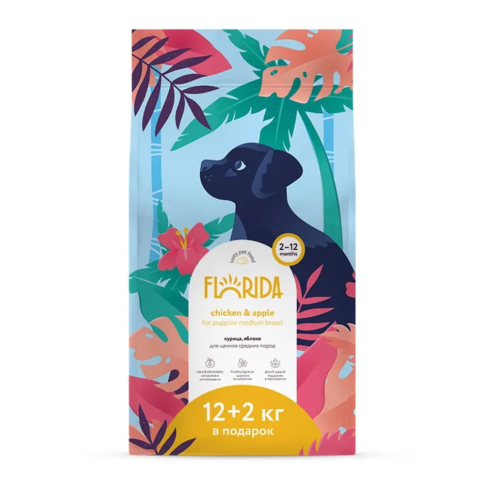 Florida Medium Puppy Курица/яблоко для щенков 12+2 кг