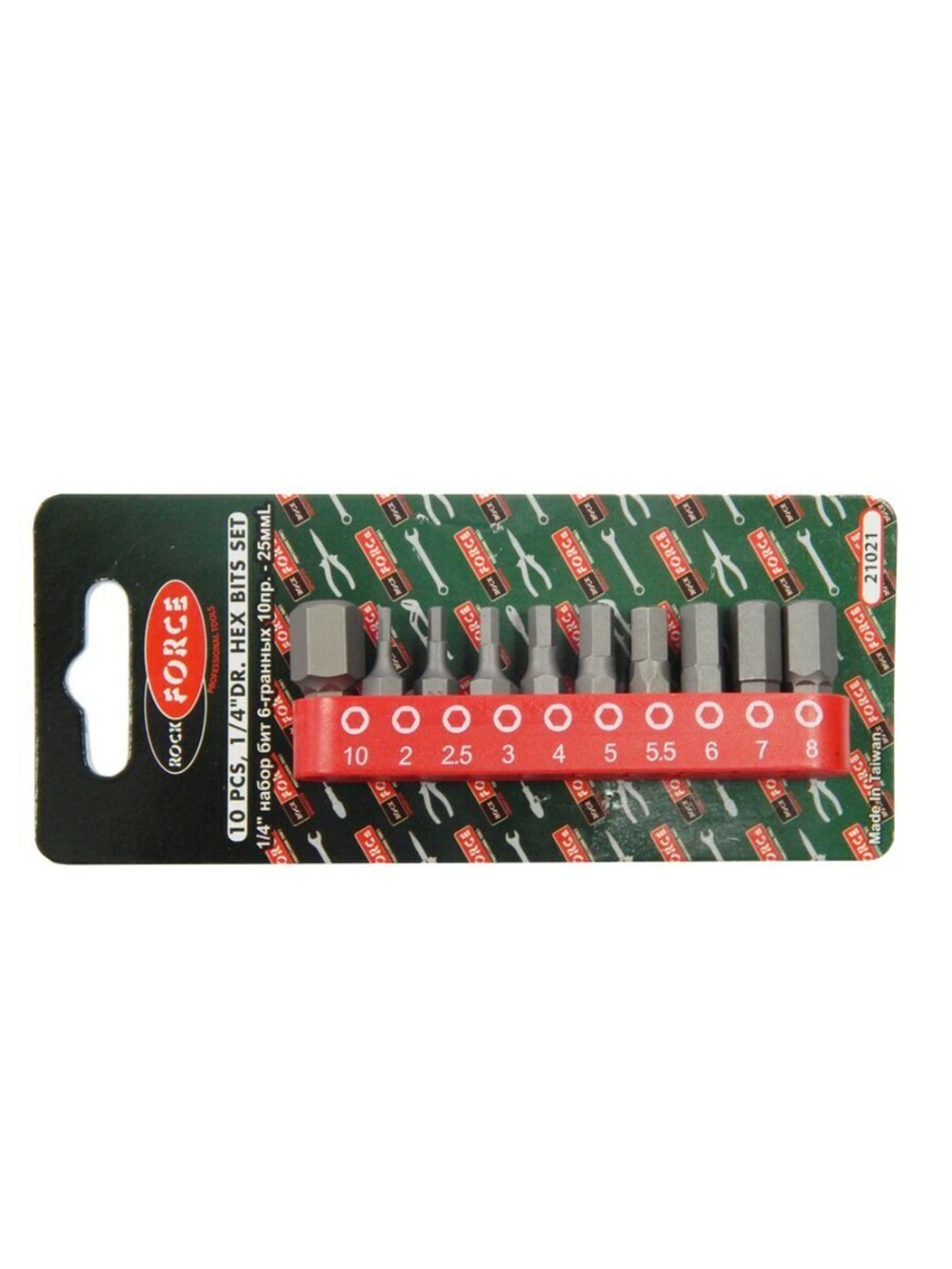 Набор бит HEX 10пр. 1/4''(Н2, 2.5, 3, 4, 5, 5.5, 6, 7, 8, 10 - 25мм),в блистере RockForce##Rock FORCE RF-21021
