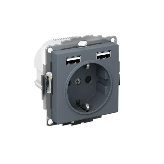 Розетка с USB A+A с заземлением и защитными шторками Systeme Electric AtlasDesign Грифель ATN000730