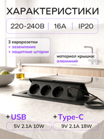 Горизонтальная тройная розетка 1USB + 1 Type-C, черная