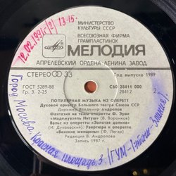 Винтажная виниловая пластинка LP Духовой Оркестр Большого Театра Союза ССР, Популярная Музыка Из Оперетт (СССР 1989)