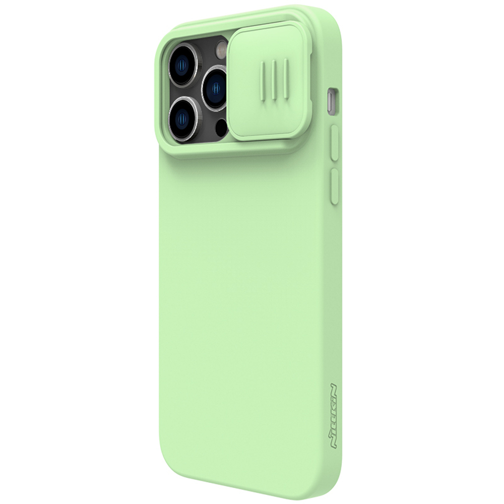 Чехол с шелковистым покрытием от Nillkin для iPhone 14 Pro, серия CamShield Silky Silicone Case с защитной шторкой для камеры, цвет мятно-зеленый Mint Green