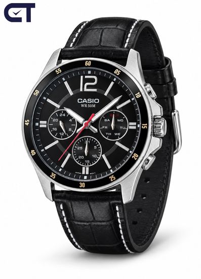 CASIO MTP-1374L-1A CASIO Collection / Enticer Men мужские наручные часы — чёрный циферблат, кожаный ремешок, день недели и 24-часовой индикатор