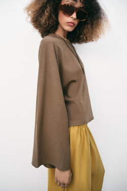 ZARA ХЛОПКОВАЯ ФУТБОЛКА С ШИРОКИМИ РУКАВАМИ, СЕРО-КОРИЧНЕВЫЙ