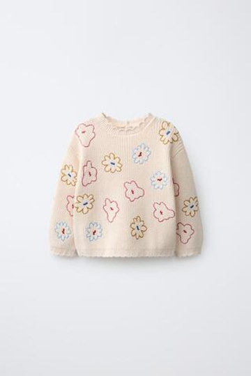 ZARA ТРИКОТАЖНЫЙ СВИТЕР СО 100% ХЛОПКОМ И ВЫШИВКОЙ, ЭКРЮ