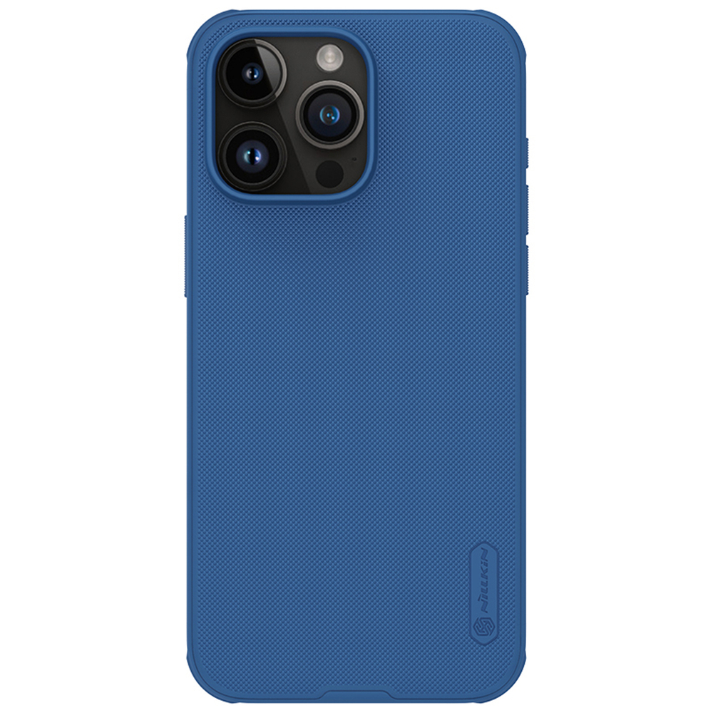 Усиленный противоударный чехол синего цвета от Nillkin для iPhone 15 Pro Max, серия Super Frosted Shield Pro
