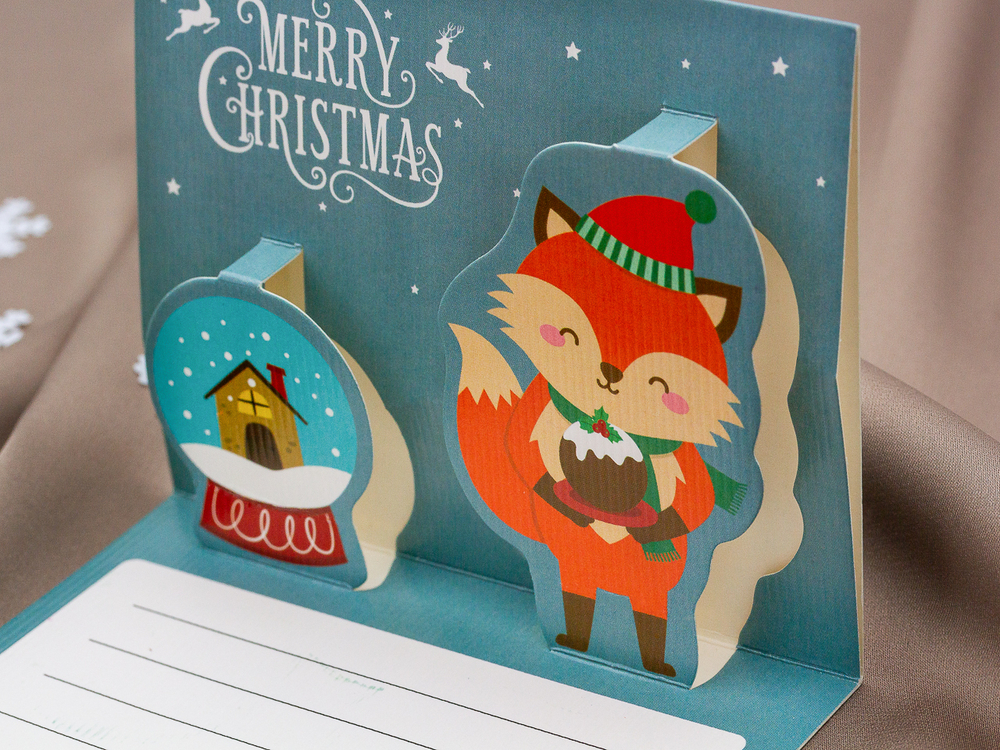 Открытка объемная "Merry Christmas" (Счастливого рождества) с красным конвертом (8х10см)
